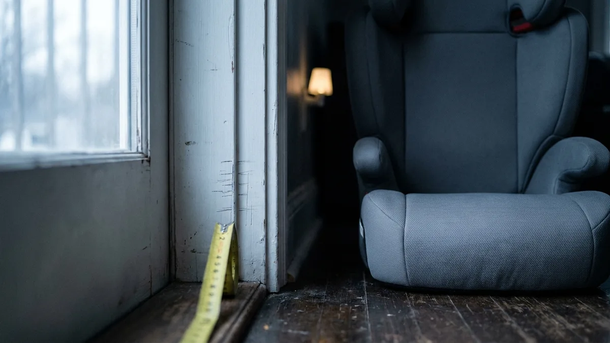 Traits de crayon marqués sur un chambranle de porte blanc, un mètre ruban déroulé et un rehausseur avec dossier posé au sol
