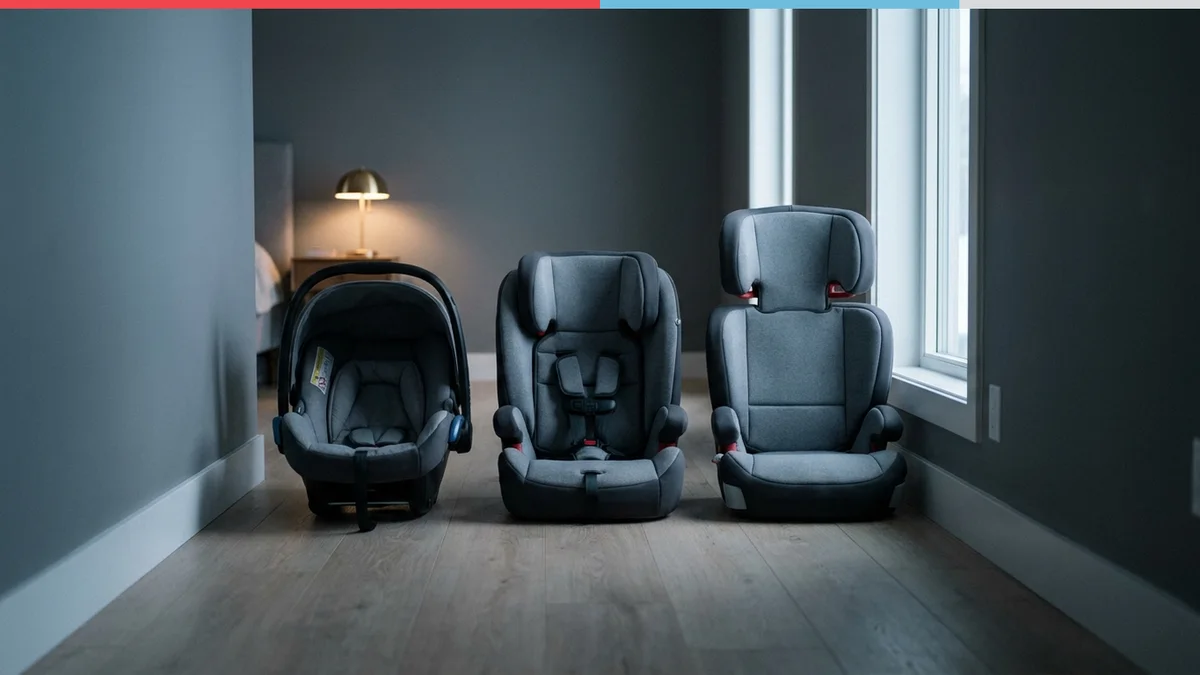 Coque bébé, siège à harnais et rehausseur avec dossier alignés du plus petit au plus grand sur un parquet clair
