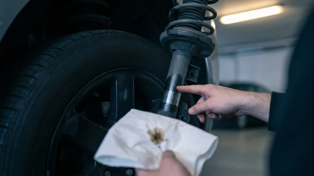 Doigts posés sur le tube d’un amortisseur avant, derrière une roue braquée, avec un essuie-tout taché d’huile à côté