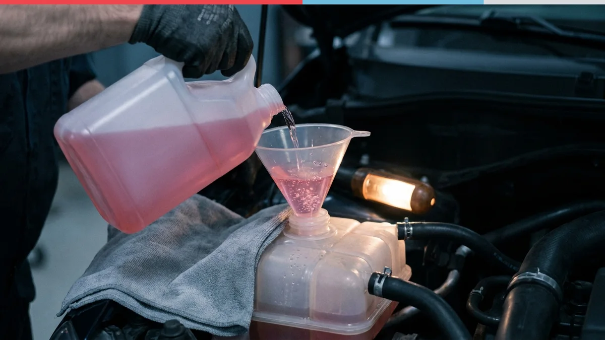 Liquide de refroidissement rose versé dans un entonnoir de remplissage fixé sur le vase d’expansion, des bulles d’air remontant dans l’entonnoir