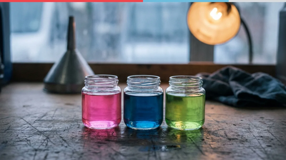 Trois bocaux de liquide de refroidissement rose, bleu et vert alignés sur un établi d’atelier