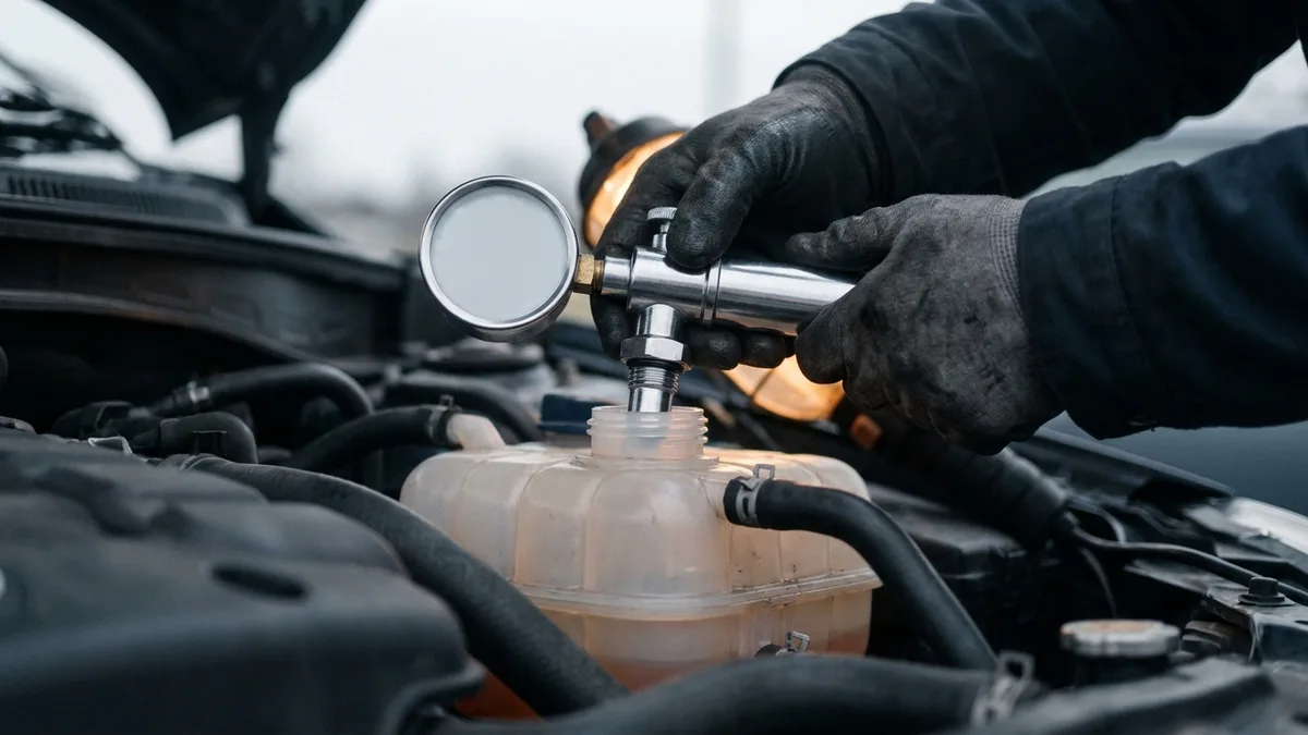 Mains gantées vissant un testeur de pression à manomètre sur le goulot du vase d'expansion d'un moteur froid