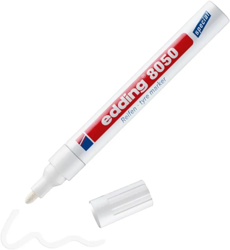 Marqueur blanc edding 8050 spécial pneus, capuchon retiré, avec un trait de peinture blanche