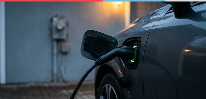 Câble de recharge branché sur une voiture hybride rechargeable devant une maison, la nuit