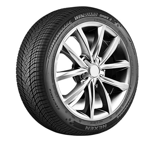 Pneu hiver Nexen Winguard Sport 3 vu de trois quarts, avec ses sculptures directionnelles en V très lamellisées, monté sur une jante argent à dix branches