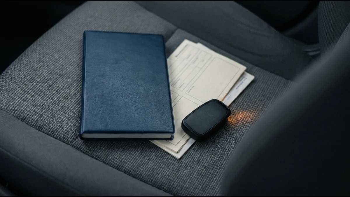 Carnet d’entretien, factures de garage et clé posés sur un siège de voiture