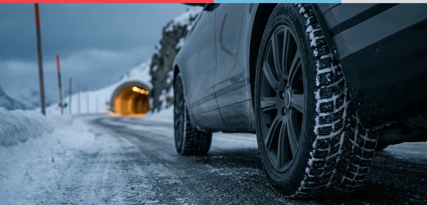 Roue chaussée d’un pneu hiver sur une route de col enneigée