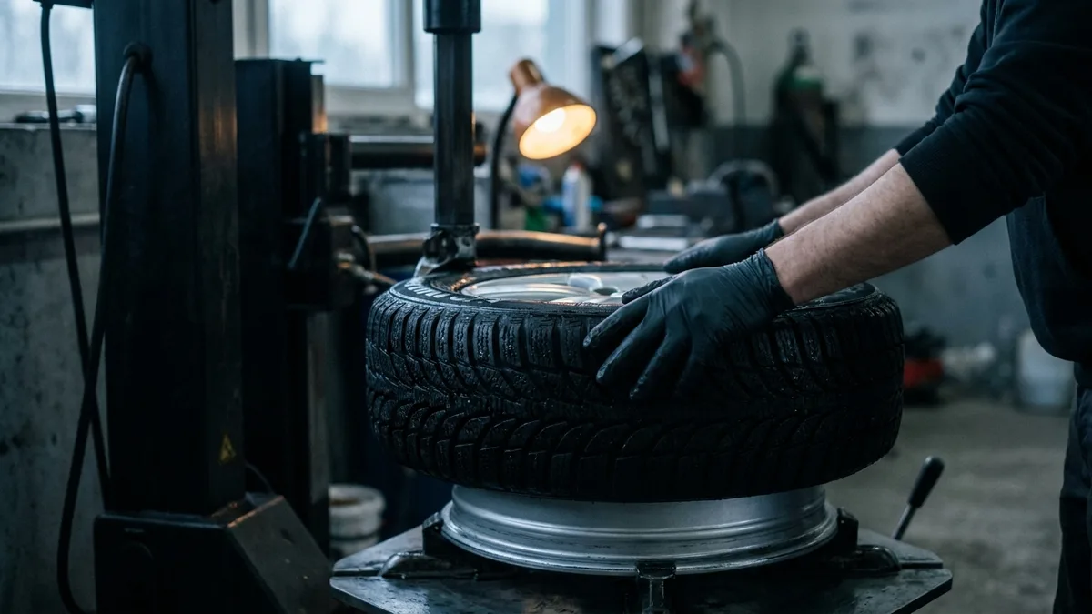 Pneu hiver monté sur une machine de montage dans un atelier, mains gantées d'un technicien
