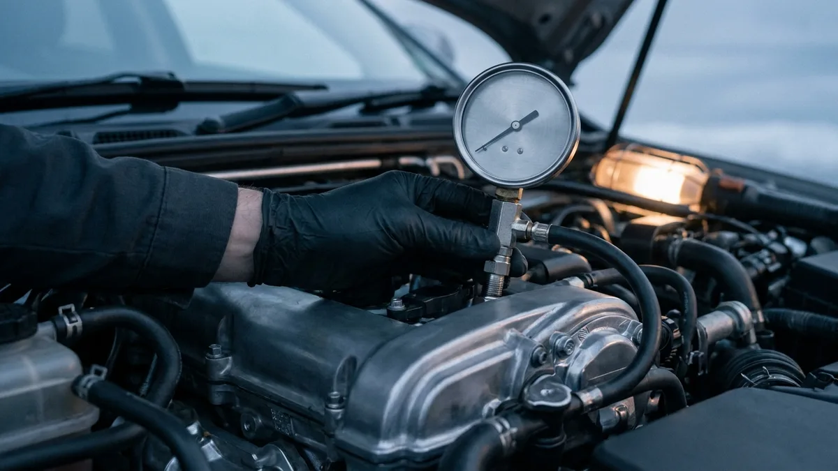 Main gantée tenant un compressiomètre vissé dans le puits de bougie d’un moteur, le flexible et le cadran du manomètre au premier plan
