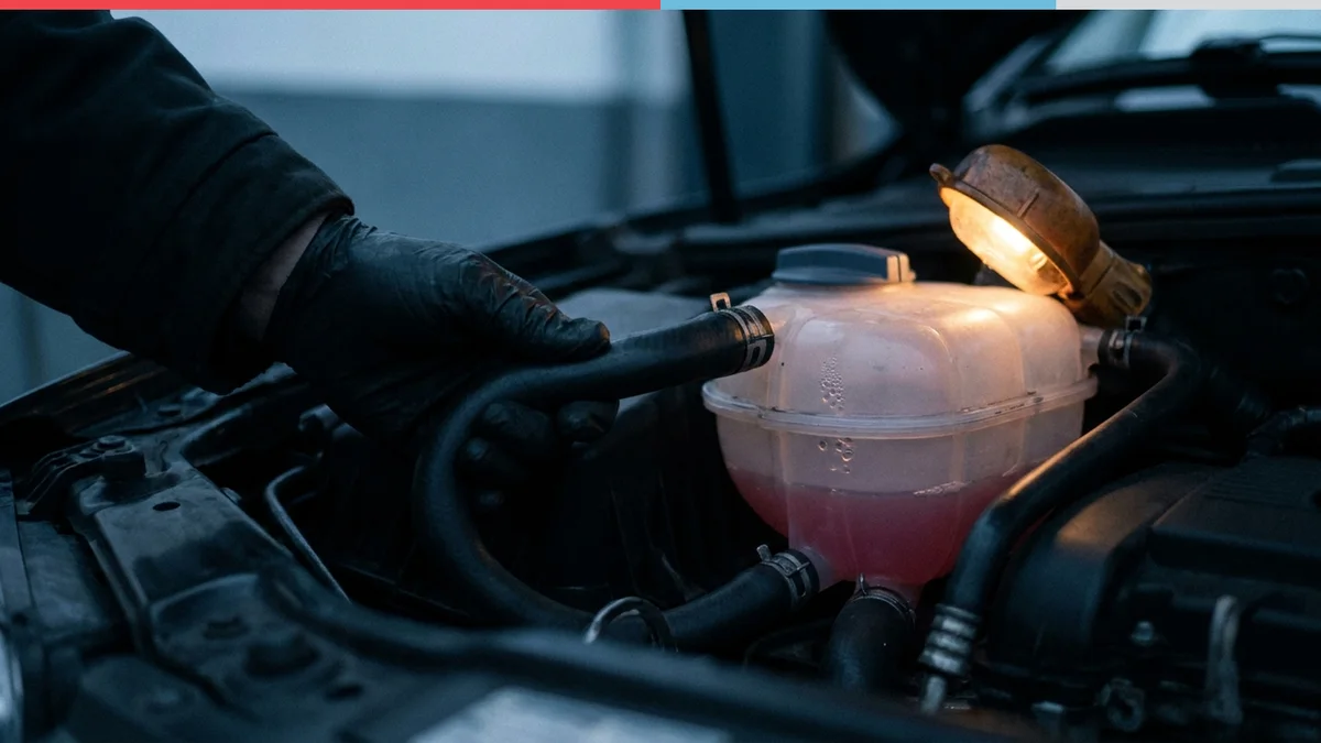 Main gantée pressant une durite de refroidissement tendue à côté d’un vase d’expansion où remontent quelques bulles