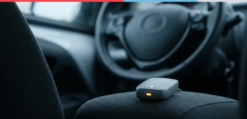 Clé électronique posée sur le siège conducteur d’une petite citadine, volant en arrière-plan