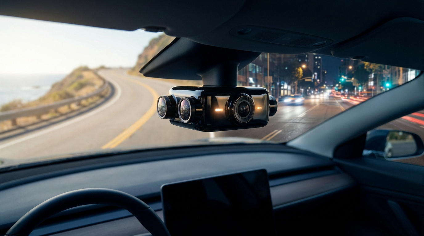 Dashcam Vantrue N4 Pro installée dans une voiture, filmant une route côtière en journée et une rue urbaine de nuit.