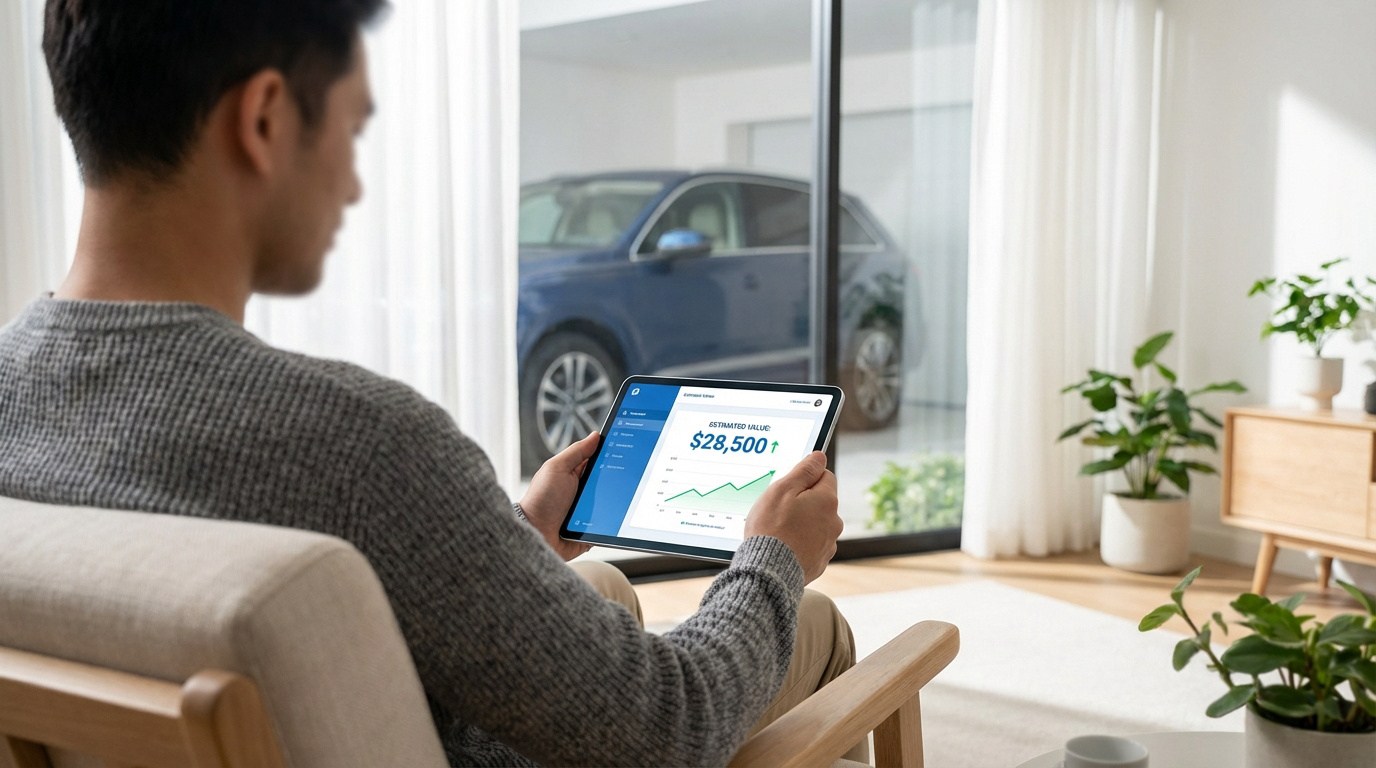 Un homme consulte la valeur estimée de sa voiture (28 500 $) sur une tablette, avec son SUV bleu visible à l'arrière-plan.