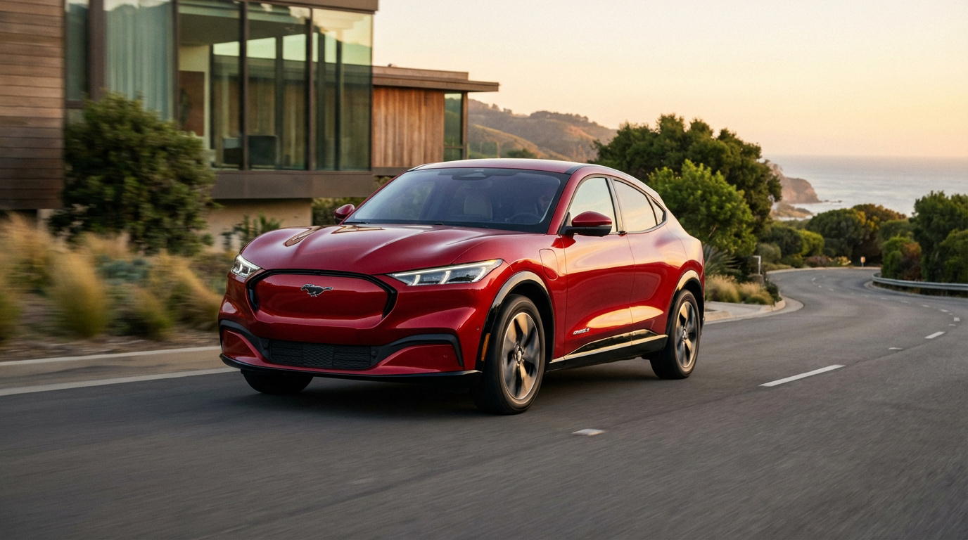 Ford Mustang Mach-E rouge, SUV électrique, en mouvement sur route sinueuse. Villa moderne à gauche, océan à droite, au coucher du soleil.