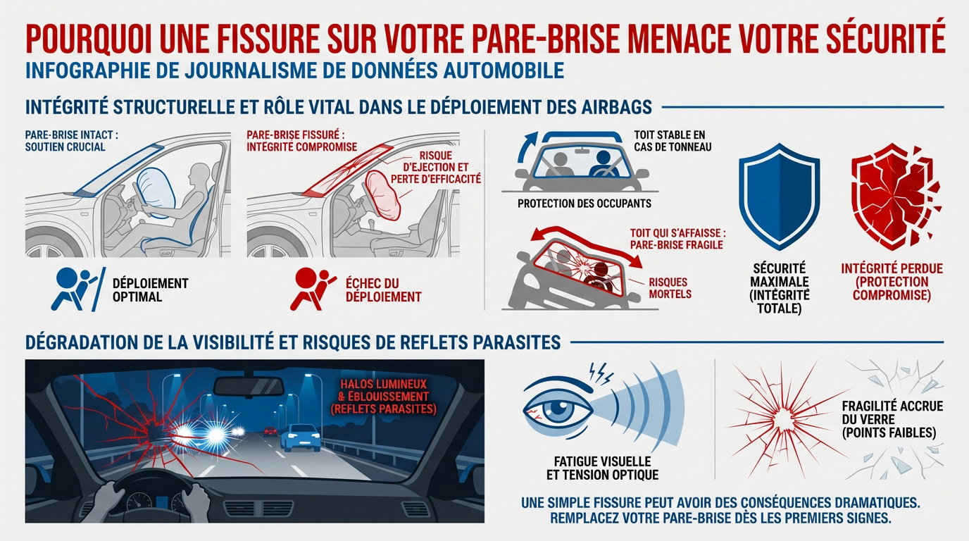 Fissure sur un pare-brise de voiture illustrant les risques de sécurité