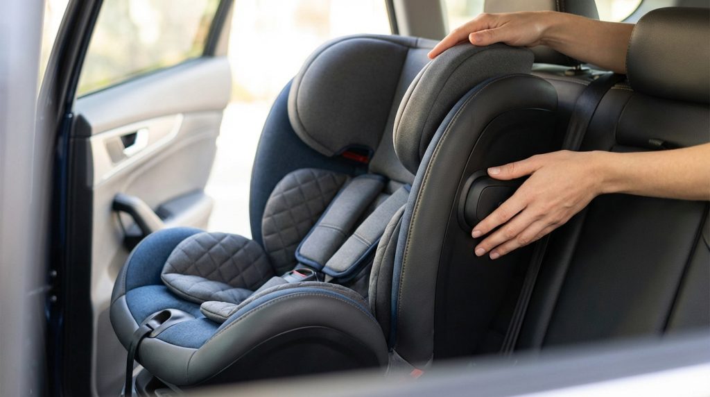 Deux mains ajustent la têtière d'un siège auto Britax Römer Kidfix Pro bleu et gris dans le siège arrière d'une voiture.